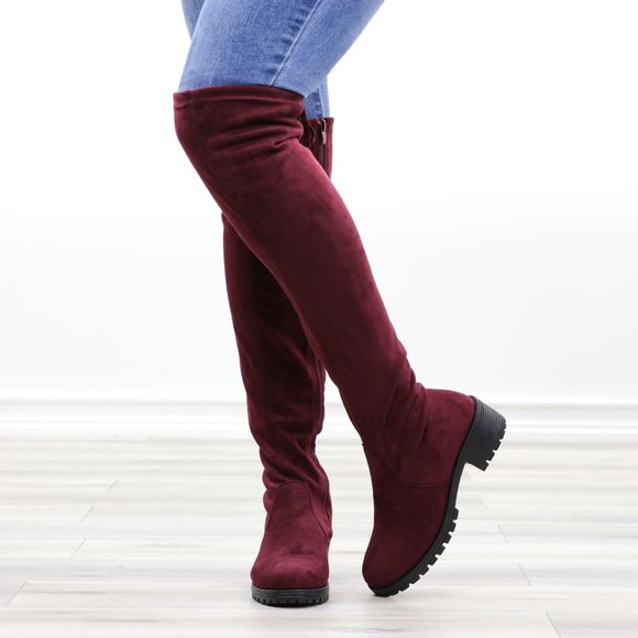 Wine Lug Sole Thigh High Boots Back Lace Tie - Picture 10 of 14